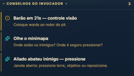 Conselhos do Invocador listando dicas priorizadas para o momento da partida